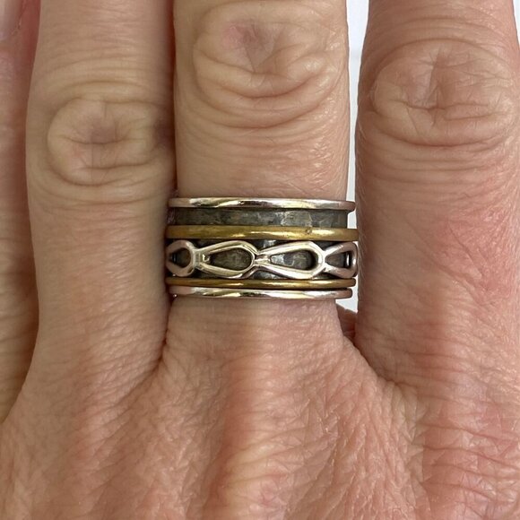 Sterling Silver 925 India Two Tone Brass Wide Multiple Band Spinner Ring Sz 7.5 - Picture 11 of 14